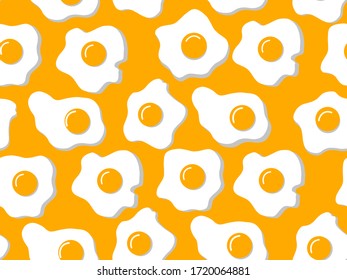 Bright seamless pattern of broken fried eggs with shadow on an isolated orange background. Background color can be changed. Flat design. Print on fabric, wrapping paper wallpaper. Vector illustration.
