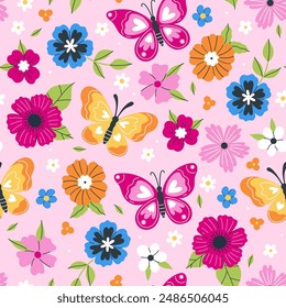 Bright seamless pattern with butterflies and flowers. Vector graphics.