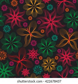 Bright seamless pattern with butterflies and flowers on a black background. Vector