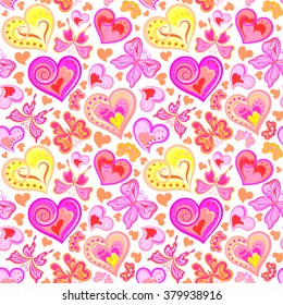 Bright seamless pattern with butterflies and hearts. Neon pink background.