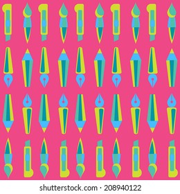 Bright seamless pattern by art and design accessories: pen, pencil, brush, knife