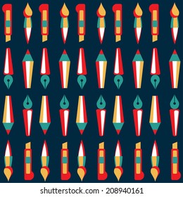 Bright seamless pattern by art and design accessories: pen, pencil, brush, knife