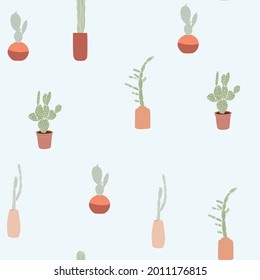 A bright seamless pattern with cacti in pots. Green potted plants pattern. Illustration on blue background.