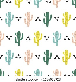 Bright seamless pattern with cactus and abstract elements. Repeating hand drawn cacti background. Playful vector nature design