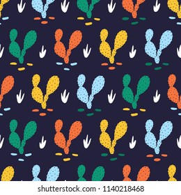 Bright seamless pattern with cactus and abstract elements. Repeating hand drawn cacti background. Playful vector nature design