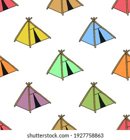 Bright seamless pattern with camping tents on a white background. Freehand vector drawing.