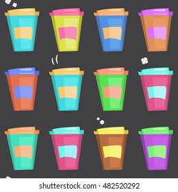 Bright seamless pattern with cartoon disposable coffee cups