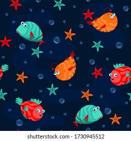 Patrón luminoso y sin fisuras de los peces de dibujos animados sobre un fondo azul oscuro con burbujas, habitantes graciosos de las profundidades submarinas. Ilustración vectorial de papel pintado, papel envolvente, textil.
