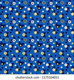Bright seamless pattern with cartoon flowers, leaves and dots, vector. Cute seamless texture for children
