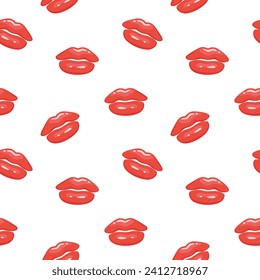 Helles, nahtloses Muster mit Cartoon Lippen und rotem Lippenstift-Kuss. Vektorhintergrund für Valentinstag-Dekoration
