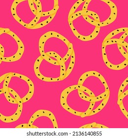 Bright seamless pattern with cartoon pretzels. Traditional pretzels strewn with sesame on pink background. Design for Oktoberfest.