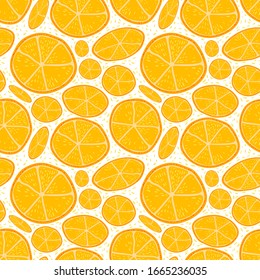 bright seamless pattern in cartoon style. Tangerine slices. Decor for fabric and wrapping paper decoration.