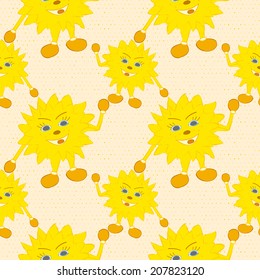 Bright seamless pattern with cartoon suns for kids. Vector eps 10.