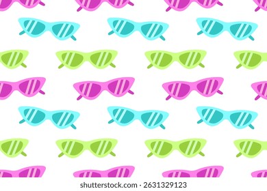 Bright seamless pattern of cat-eye sunglasses in pink, green, and blue. A fun and colorful summer design on a transparent background.

