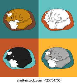 Bright seamless pattern - cats sleep on the background of colored squares. Endless pattern with Pets. The cat curled up. Stock vector