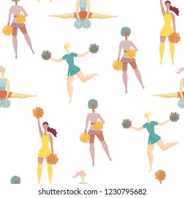 Bright seamless pattern with cheerleader girls, vector