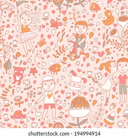 Bright  seamless pattern with children in the garden. Playing kids with toys. Vector background with cartoon boys and girls with flowers.