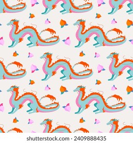 Bright seamless pattern with Chinese dragons and peaches. Cartoon ornament. Symbol of Chinese New Year 2024. Dragons for asian holiday template. Vector illustration on isolated backdrop