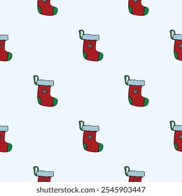 Bright seamless pattern with Christmas boot. Endless New Year and Christmas background. Design for decoration, wrapping paper, print