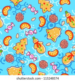 Bright seamless pattern with Christmas food: cookies, nuts, fruits
