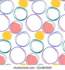 Bright seamless pattern of circles. Linear colorful illustration. Abstract ornament in a simple, linear style. Childish cute drawing.