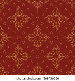 Bright seamless pattern of circles and petals. Red and gold. 