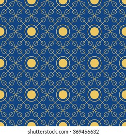Bright seamless pattern of circles and petals. Blue and gold.