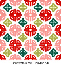 Bright seamless pattern with circular ornamental elements on a white background.
