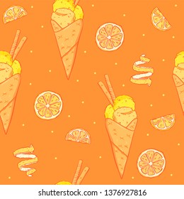 Bright seamless pattern citrus ice cream in waffle cones