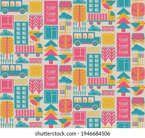 bright seamless pattern with city landscape elements in geometry shapes