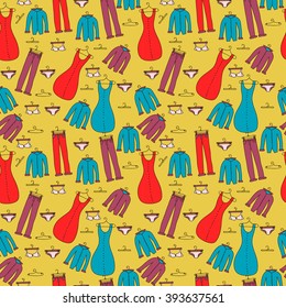 Bright seamless pattern with clothes and underwear on coat racks on mustard yellow background. Vector illustration for textile, fabric, web, wallpaper and wrapping paper design.
