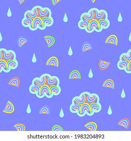 Patrón luminoso y sin fisuras con nubes, gotas y arcos de lluvia, papel de pared infantil, diseño de cubierta, tela infantil, decoración de guardería y decoración de cumpleaños, ilustración de la ducha de bebé de colores