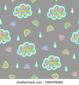 Bright seamless pattern with clouds,drops and rainbows,childish print for wallpaper,cover design,kids fabric,nursery interior and birthday decoration,colorful baby shower illustration,grey background