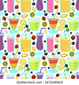 bright seamless pattern with cocktails and juicy fruit in a cartoon style. Decor for fabric, Wallpaper and wrapping paper.	