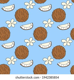 Bright seamless pattern with coconuts and coconut wedges. Vector illustration in doodle style.