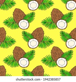 Bright seamless pattern with coconuts. Vector drawing in doodle style.