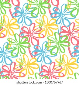Bright seamless pattern with color hand drawn inky chamomile flowers on white background. Contrast chinese ink floral elements texture for textile, wrapping paper, cover, surface, wallpaper