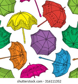 Bright seamless pattern with color yellow, red, green, blue, violet umbrellas. Vector illustration.
