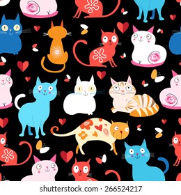 Bright seamless pattern of colored cats on a black background