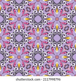 Bright seamless pattern of colored curly floral elements. Abstract flowers and twigs from swirls and wavy lines. A beautiful and stylish decoration for the design of any interior.