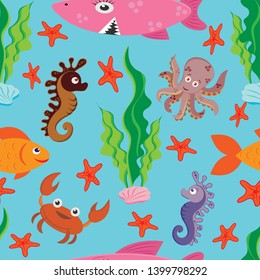 bright seamless pattern of colored figures of marine life: large pink shark, fish, crab, octopus, seahorse, green algae