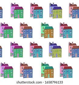 Bright seamless pattern of colored Venetian vector houses. Colourful houses in Burano. Doodle style.  Isolated on a white substrate.