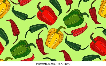 Bright seamless pattern with colorful bell peppers and chilli