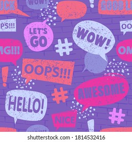 Bright seamless pattern with colorful bubble, words and geometric elements. Grunge neon texture background. Wallpaper for teenager girls. Fashion style