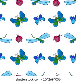 Bright seamless pattern with colorful butterflies, dragonflies ,ladybugs on a white background. Cheerful vector illustration on the theme of summer. Can be used in greeting cards, textiles and paper.