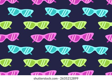 Bright seamless pattern with colorful cat-eye sunglasses on dark background. Fun and trendy design perfect for summer products, textiles, and packaging.

