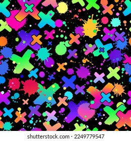 Bright seamless pattern with colorful crosses and paint splashes