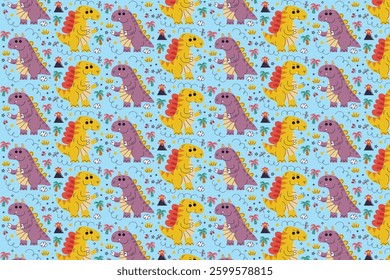 Bright seamless pattern of colorful dinosaurs on a blue background. Perfect for kids' room and fabric.