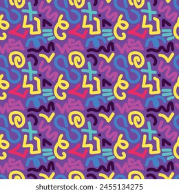 Bright seamless pattern with colorful doodles in 90s style.  Vector illustration