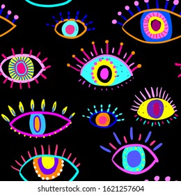 Bright seamless pattern with colorful eyes. Texture background. Wallpaper for teenager girls. Women's fashion style